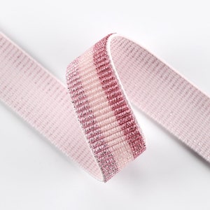 1 inch (25mm) Wide Elastic Band, Pink and White Glitter Stripe Elastic Band for Sewing, Elastic Trim, Elastic Ribbon - 1 yard