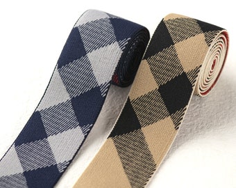 1.5 inch (40 mm) Wide Elastic Band, Blue/Beige and Black Plaid Soft Elastic Webbing, Elastic Band for Sewing- 1 Yard