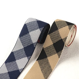 1.5 inch (40 mm) Wide Elastic Band, Blue/Beige and Black Plaid Soft Elastic Webbing, Elastic Band for Sewing- 1 Yard