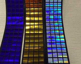 1.5'' 40mm Mirror Tile Elastic Trim, Holographic Ribbon, Reflective Costume Trim, Disco Dancewear Embellishment, DIY Fashion Ribbon