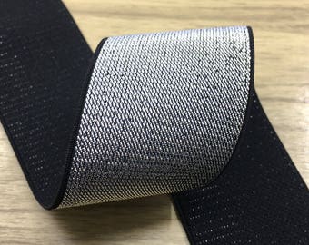 2 inch (50mm) Wide Silver Glitter Soft Black Elastic Bands, Waistband Elastic, Elastic Ribbon,Sewing Elastic 21040