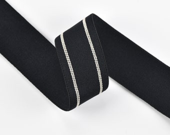 1.5’‘ 38mm wide Black back and beige stripes matte plush elastic band - 1 yard 2021041306