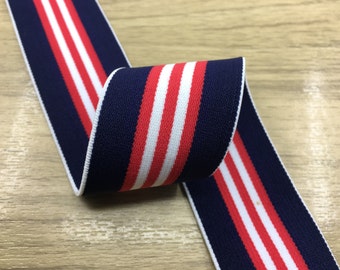 1.5 inch (40mm)  Wide Colored  Plush Navy with White and Red Thin Stripe Elastic Band, Soft Waistband Elastic, Sewing Elastic 44020