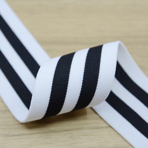 2 inch (50mm)  Wide Colored  Plush White and Black Striped Elastic Band, Soft Waistband Elastic, Sewing elastic band by the yard