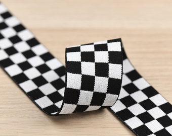 Black and White Plaid Elastic Band, Soft Elastic Ribbon (1.5 inch, 1 Yard)