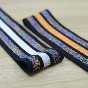 1,5 inch (38mm) brede elastische band, zwart oranje wit kleurrijke glitter gestreepte zachte rug elastische band, elastisch lint voor naaien - 1 yard