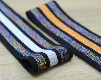 1.5 inch (38mm) Wide Elastic Band, Black Orange White Colorful Glitter Striped Soft Back Elastic Band, Elastic Ribbon for Sewing - 1 yard