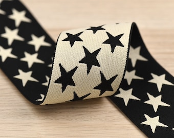 2 inch (50mm) Wide Cream Color and Black Stars Elastic Band-1 yard