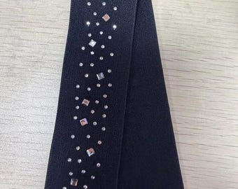 1.5 inch (40mm)Black Flocked Velvet Elastic Band with Rhinestones, Sparkly Stretchy Ribbon for Sewing, Hair Bows, Garment Decoration,DIY