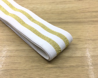 1.5 inch (40mm) Wide Elastic Band, Gold and Silver Glitter Striped Soft White Elastic Band, Soft Waistband Elastic, Elastic Trim - 1 yard