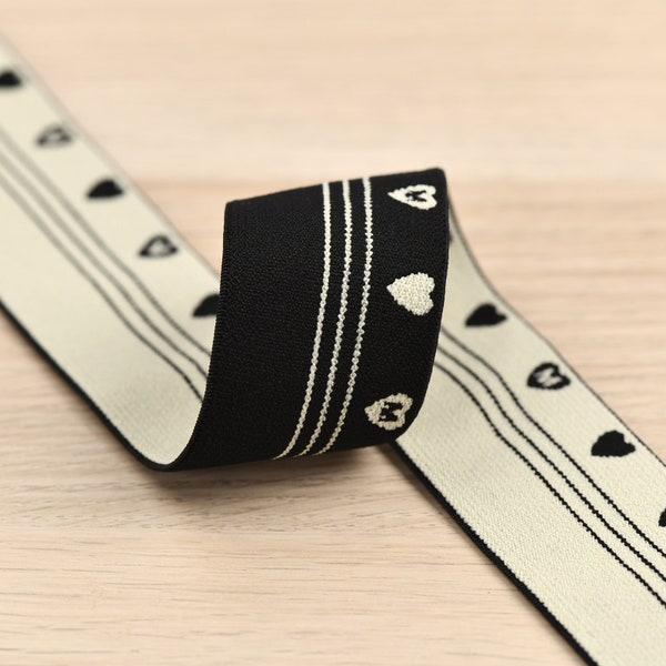 2 inch (50mm) Wide Cream Color/White and Black Heart Elastic Band-1 yard