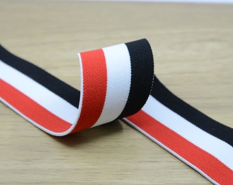 Banda elástica de felpa a rayas rojas, blancas y negras, 3,8 cm de ancho.