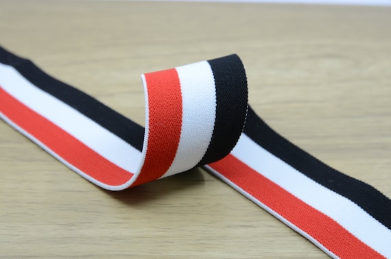 1.5 Inch 40mm Wide Colored Plush Red White and Black Striped Elastic Band,  Soft Waistband Elastic, Elastic Trim, Sewing Elastic 43030 