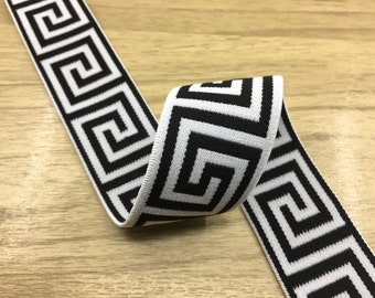 1 3/8 inch (35mm) Black and White Plush Elastic Band, Greek Key Pattern,DIY Sewing & Craft Supply, By The Yard
