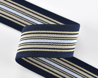 1.5'' 40mm wide Double-sided Navy and Beige and Light Blue Stripes twill elastic band- 1 yard, Waistband Elastic, Sewing Elastic