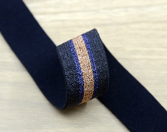 0.75 inch (20mm) Wide Elastic Band, Black and Gold Metallic Glitter Striped Elastic Webbing, Colored Elastic Trim by the yard