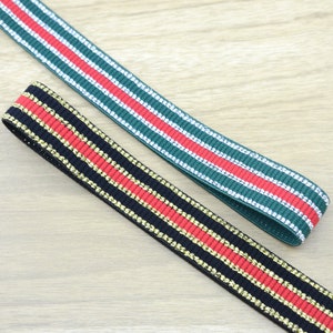 1 inch (25mm) Wide Elastic Band, Colorful Glitter Striped Elastic Band, Black and Green and Red Colored Elastic Trim by the Yard