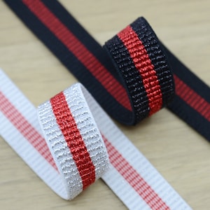 1 inch (25mm) Wide Elastic Band, Black White Red Glitter Striped Ruffle Elastic Band, Colored Elastic Trim, Elastic Ribbon by the Yard