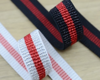 1 inch (25mm) Wide Elastic Band, Black White Red Glitter Striped Ruffle Elastic Band, Colored Elastic Trim, Elastic Ribbon by the Yard