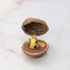 Bee miniature walnut, animal decoration, polymerclay forest animal, beehive, upcycling image 8