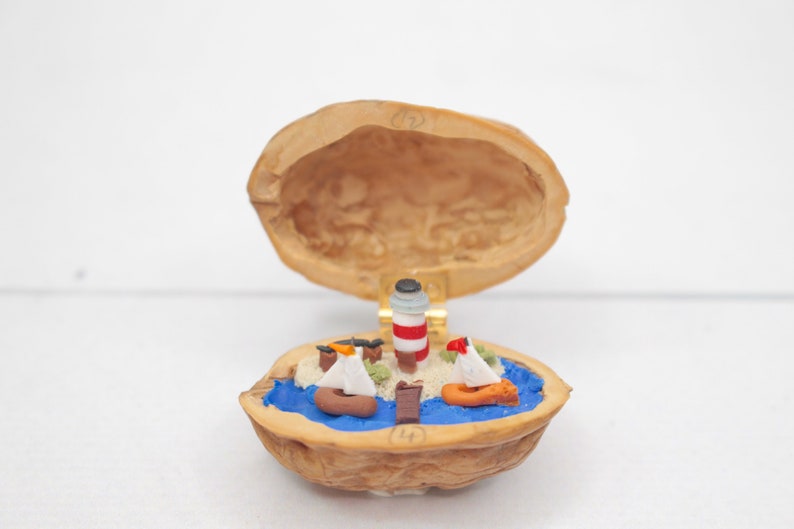 Miniature Walnut Lighthouse Maritime Landscape polymerclay Beach Seaboat Decoration image 2