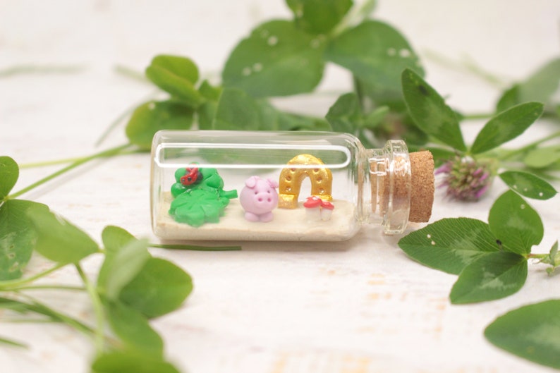 Lucky charm miniature bottle, good luck decoration, polymerclay miniature, lucky takeaway, party favor image 1