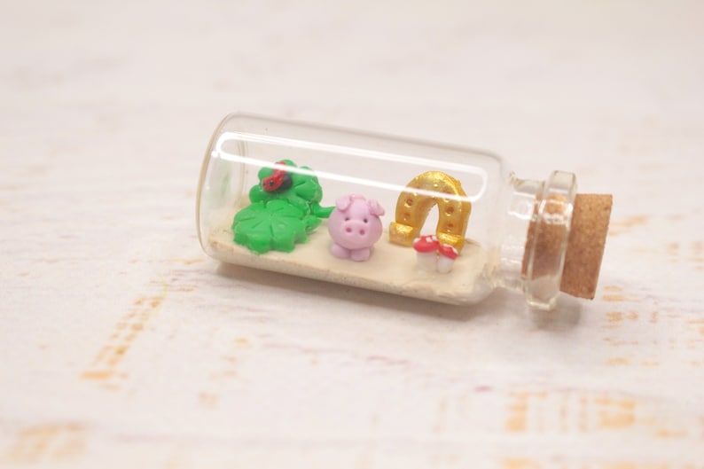 Lucky charm miniature bottle, good luck decoration, polymerclay miniature, lucky takeaway, party favor image 2
