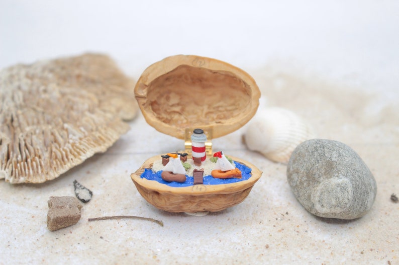 Miniature Walnut Lighthouse Maritime Landscape polymerclay Beach Seaboat Decoration image 1