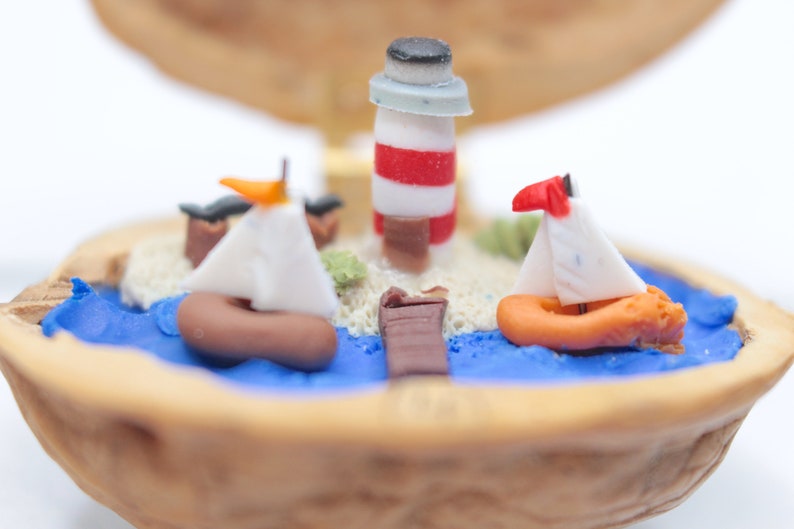 Miniature Walnut Lighthouse Maritime Landscape polymerclay Beach Seaboat Decoration image 6