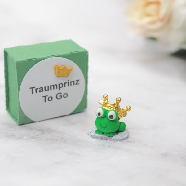 Traumprinz Miniatur, Frosch mit Krone, Froschkönig zum Mitnehmen, Märchenfigur, Freundin Geschenk, Valentinstag Geschenk, zum Beschriften