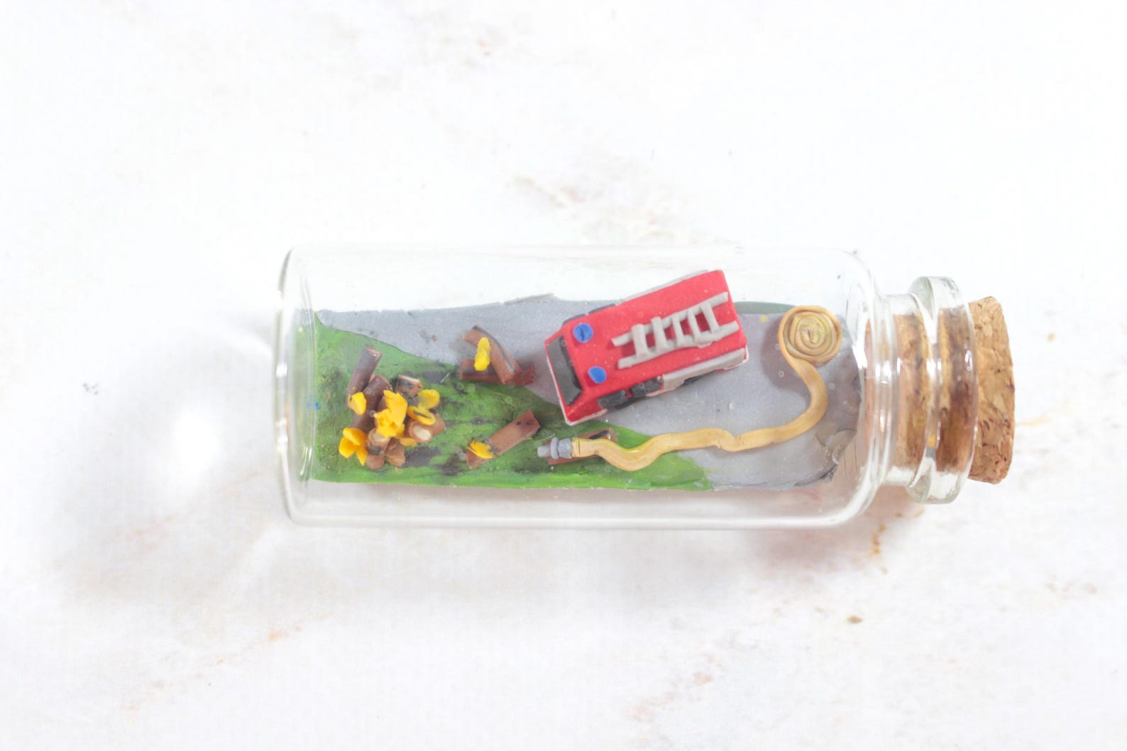 Fire Brigade Miniature, 7 Cm Glass Bottle, Fire Brigade Vehicle Figure