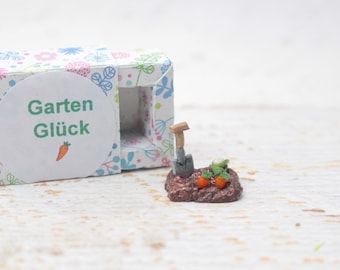 Garten Miniatur, Garten Glück, Gemüsebeet in 3 cm Schachtel, Karotten anpflanzen, für den Gartenfreund, Garten Dekoration, Gemüsebeet