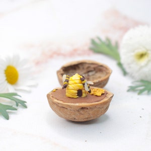 Bee miniature walnut, animal decoration, polymerclay forest animal, beehive, upcycling image 1