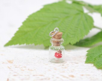 Mushroom with Snail Pendant Animal Charm polymer clay Miniature Glass Bottle