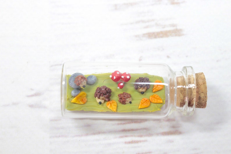 Hedgehog miniature bottle, autumnal decoration, hedgehog figure, hedgehog family, polymer clay miniature image 3