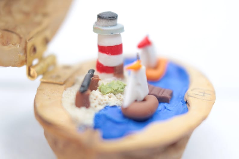 Miniature Walnut Lighthouse Maritime Landscape polymerclay Beach Seaboat Decoration image 7