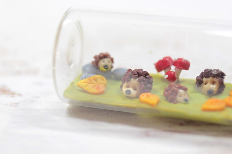 Hedgehog miniature bottle, autumnal decoration, hedgehog figure, hedgehog family, polymer clay miniature image 5