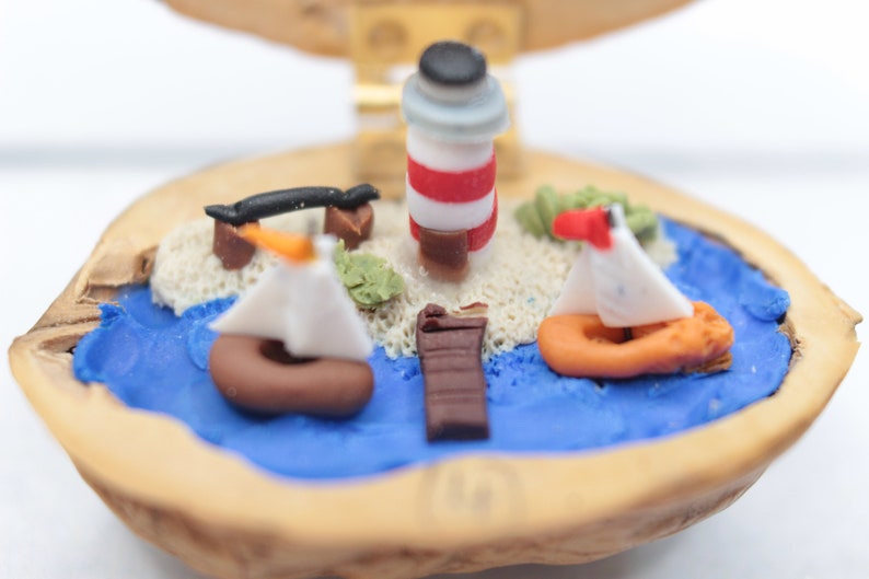 Miniature Walnut Lighthouse Maritime Landscape polymerclay Beach Seaboat Decoration image 5