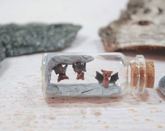 Bat miniature in 5 cm glass bottle, bat decoration, Halloween decoration, miniature cave