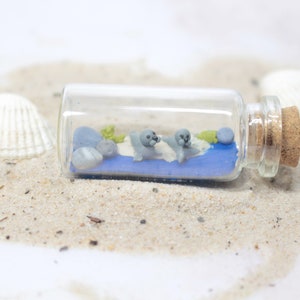 Op de afbeelding: Een glazen fles met een kurken stop bevat een miniatuur scène met twee grijze zeehonden op een blauw zandstrand met groen zeewier en grijze stenen.