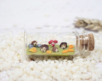 Hedgehog miniature bottle, autumnal decoration, hedgehog figure, hedgehog family, polymer clay miniature