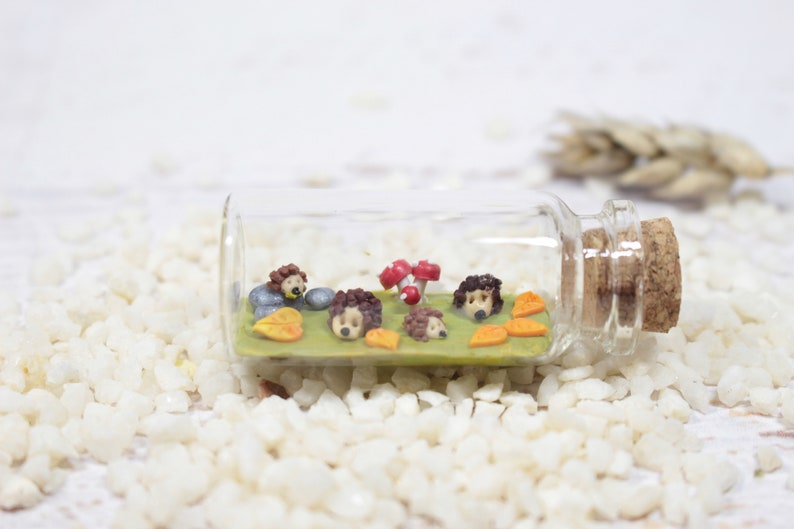 Hedgehog miniature bottle, autumnal decoration, hedgehog figure, hedgehog family, polymer clay miniature image 1