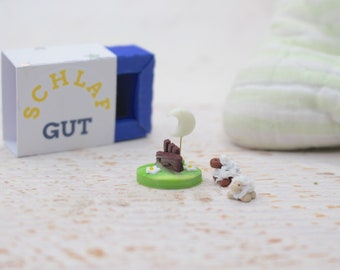 Schlaf gut Miniatur 3cm, Schlafstörung, Schafe zählen, polymerclay Schafe, Gute Nacht Dekoration