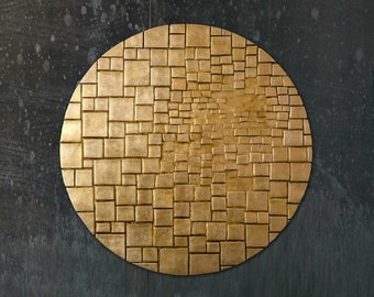 Art mural à motif géométrique rond | Sculpture murale dorée en feuille de métal doré pâle | Sculpture murale ronde en bois et résine | Décoration intérieure de luxe