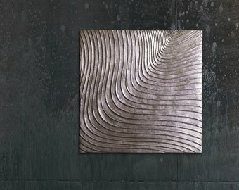 Arte de pared plateada / Escultura de pared cuadrada / Escultura de pared de textura / Arte de pared industrial chic contemporáneo / Decoración de pared abstracta minimalista en 3D