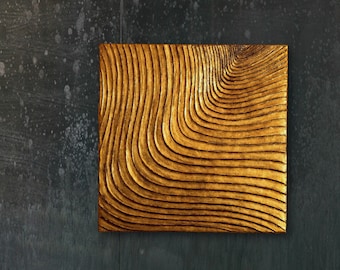 Aged gold wall art | Resin cast gilded wall sculpture | Textural square wall decor | Contemporary modern wall art for home & office decor.