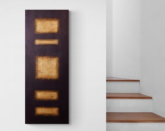 Feuille d’or minimaliste et peinture noire sur bois | Art mural moderne géométrique abstrait | Décoration murale noire et dorée style contemporain