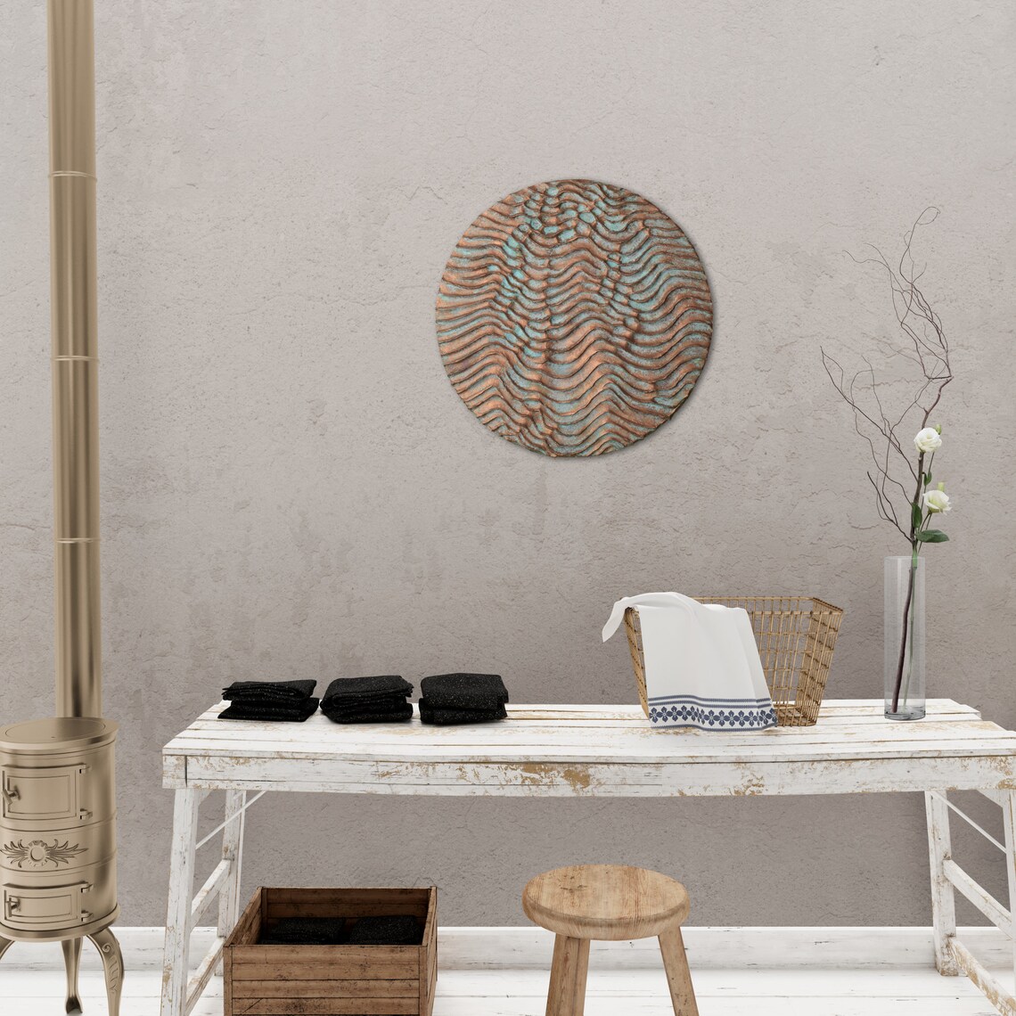Photo inspiration: Finely Textured Wall Hanging Art Reference: Copper Patina Wall Sculpture Round Resin Wall Art 3D Wall