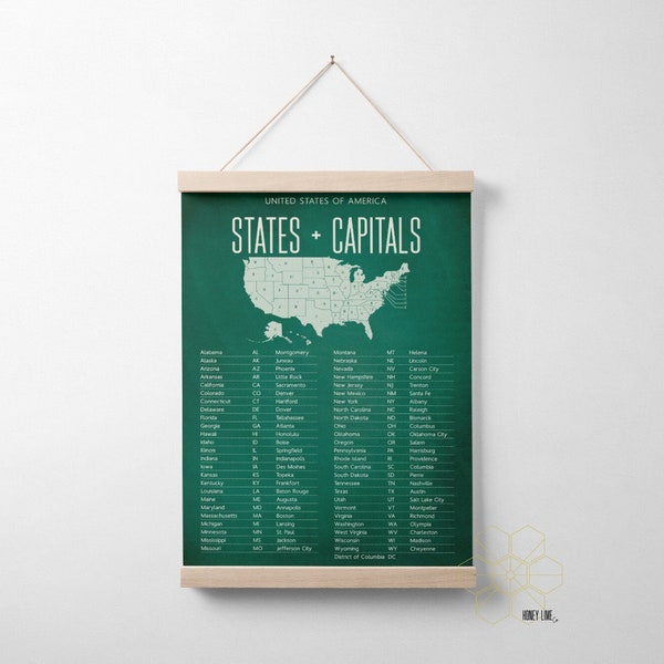 US States and Capitals Classroom Poster or Homeschool Decor with Hanger Frame