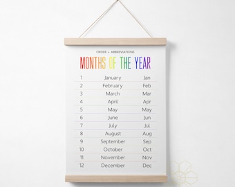 Rainbow Style Months of the Year Classroom Poster or Homeschool Decor with Hanger Frame